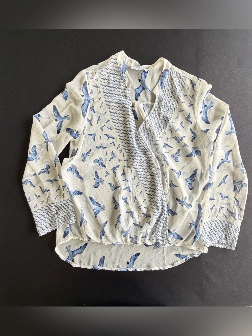 CASTING France Seagull Print Gold Lurex Metallic Wrap Blouse Top White Blue